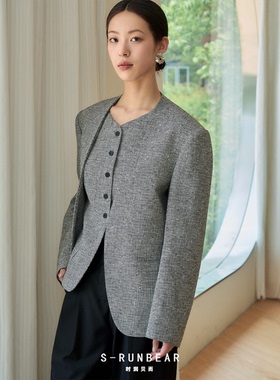 S-RUN时润贝而亚麻西装套装马甲无袖背心经典无领西装两件套