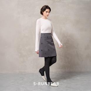 SR时润贝而A字半身裙珠片刺绣花朵高级通勤百搭短裙女