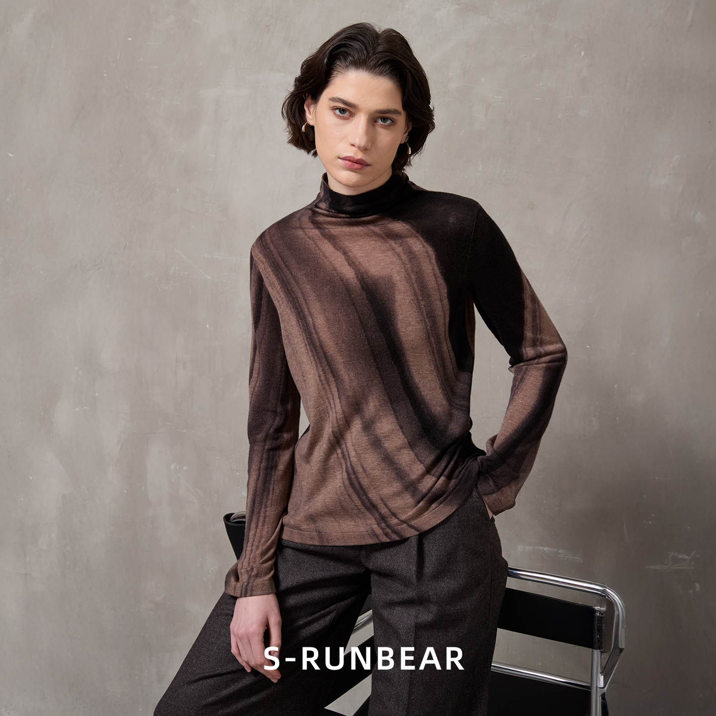 SR时润贝而100美丽诺羊毛打底衫女半高领水墨印花正肩内搭