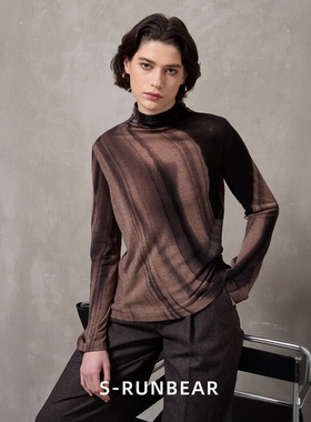 S-RUNBEAR时润贝而100羊毛高领毛衣打底衫女半高领水墨印花内搭