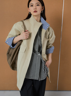 S-RUN时润贝而廓形中长风衣双色撞色格纹立领外套女