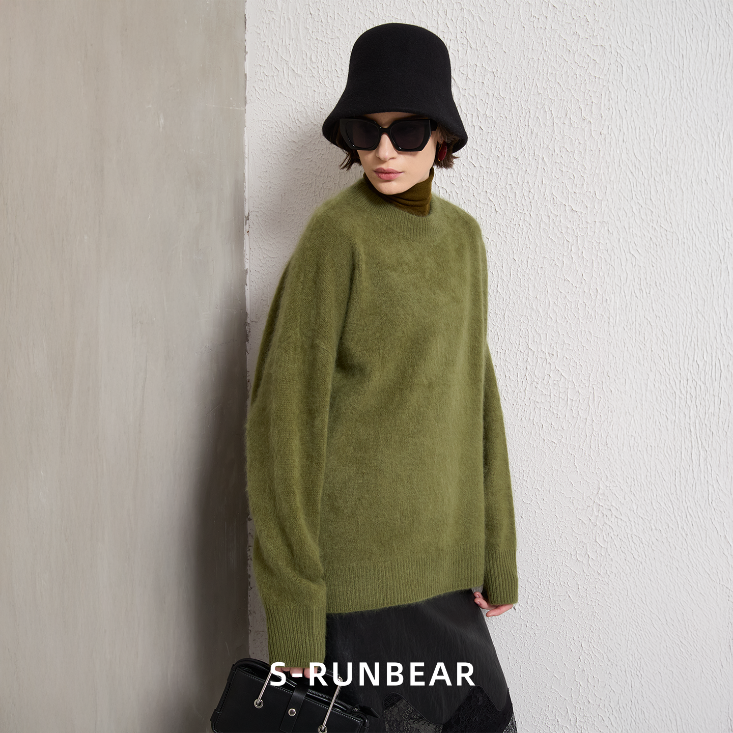 SR时润贝而100羊毛拉毛毛衣圆领宽松慵懒风设计感纯色绿色