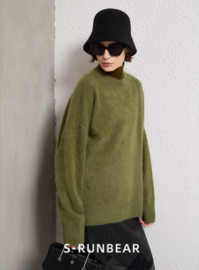 SR时润贝而100羊毛拉毛毛衣圆领宽松慵懒风设计感纯色绿色