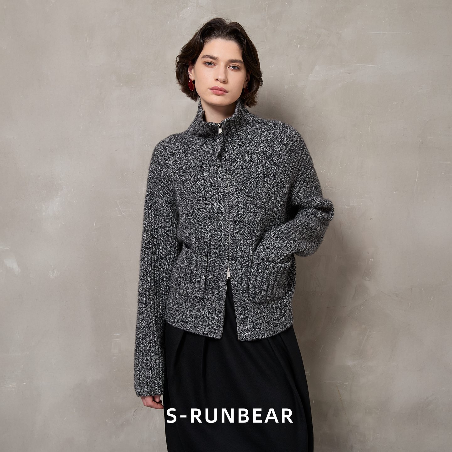 SR时润贝而100羊毛拉链毛衣加厚立领黑灰花纱针织开衫秋冬