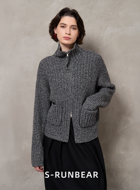 SR时润贝而高领毛衣100羊毛拉链毛衫加厚黑灰花纱毛织开衫秋冬