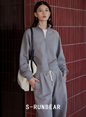 S-RUN针织休闲卫衣套装羊毛棉混纺拉链外套上衣松紧腰弯刀裤卫裤