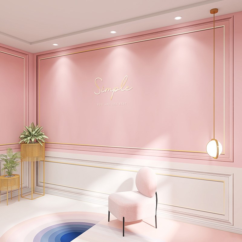 3d粉色石膏线方框网红造型墙纸电视墙布背景壁纸服装店美容院前台