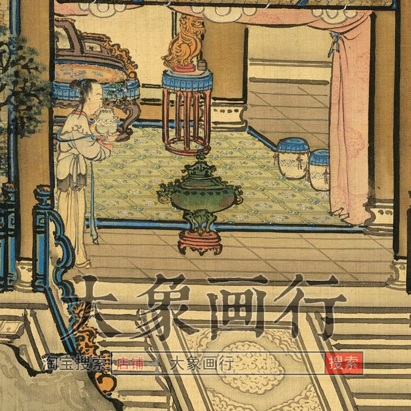 袁耀汉宫春晓图传统山水画亭台楼阁画临摹范饰画微喷画心图片