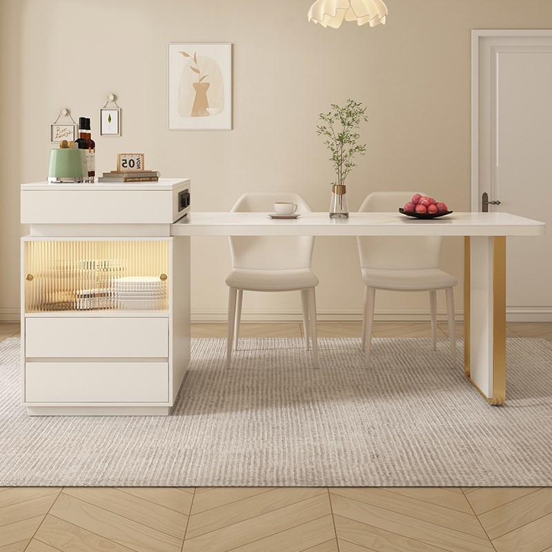 欧朗22新款奶油风餐厅岛台餐桌椅可伸缩 客厅实木岩板饭桌