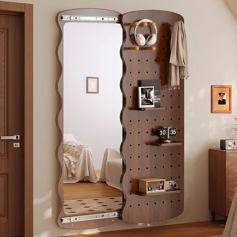 实木洞洞板穿衣镜家用一体门后置物架造型墙上全身U镜入户玄关衣