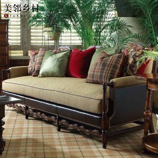 欧式 怀旧美式 复古全原木布艺牛皮三两人沙发客厅主卧沙发FINE精致