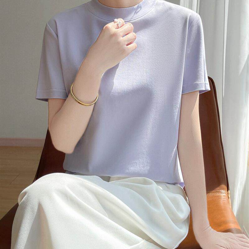 不起球纯棉小半高领短袖t恤女2026夏新款简约百搭大码纯棉短袖女