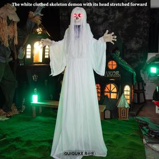 万圣节新款伸头白衣女鬼电动感应发光声鬼屋密室恐怖氛围装饰摆件