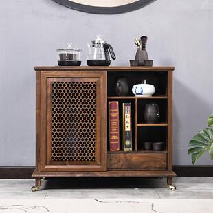 新中式可移动茶水柜黑胡桃木烧水柜简约茶边柜实木轻奢办公室茶车