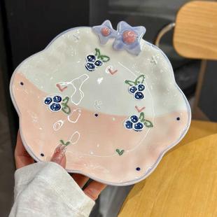 网红少女心手绘浮雕创意陶瓷盘家用早餐水果沙拉甜品盘炒菜盘碟子