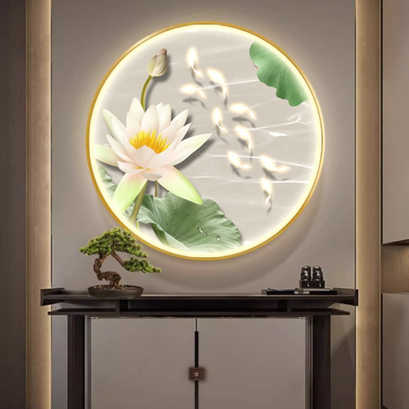 现代简约九鱼图玄关装饰画客厅入户门荷花九鱼壁灯画走廊过道挂画图片