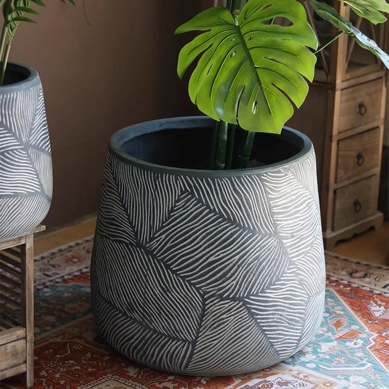 复古创意镁泥花盆客厅室内圆形特大号盆绿植龟背竹琴叶榕盆栽北欧
