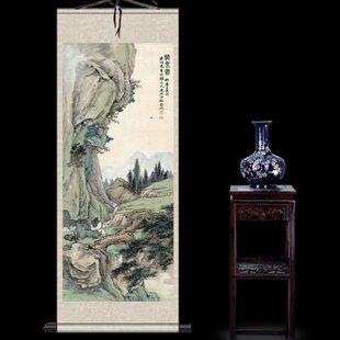 唐伯虎挂画唐寅听泉图真迹高清复制丝绸画卷轴画水墨画明代仿古画