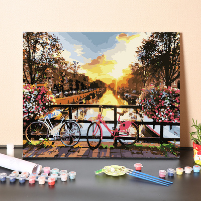数字油画diy手工填充荷兰阿姆斯特丹日出风景手绘画画涂色油彩画