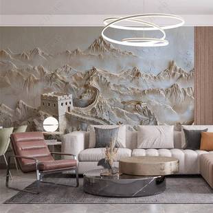 客厅沙发电视背景墙壁布5d立体壁画 画万里长城靠山图18d浮雕壁纸