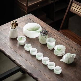 高档中式 琉璃玉瓷功夫盖碗茶具套装 翡翠绿整套家用泡茶壶杯礼盒装