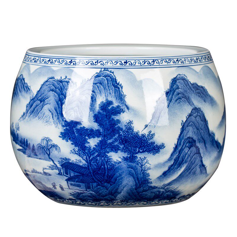 景德镇陶瓷器青花瓷山清水秀聚宝盆开业装饰摆件家居客厅乔迁礼品