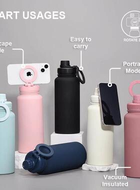 2025新款手机磁座水杯户外大容量1L大口保温杯不锈钢运动水壶