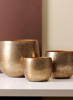 覆古铝制进口锤纹金色花盆摆件轻奢样板间酒店客厅花瓶花器装饰品