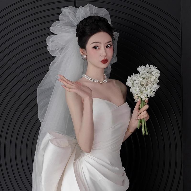 韩式新娘头纱超仙云朵蓬蓬抓纱拖尾结婚领证登记摄影街拍头饰白色