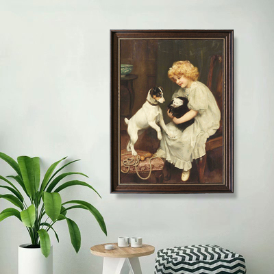宠物油画可爱小孩小动物油画幼儿园儿童房喷绘竖版带框防水装饰画