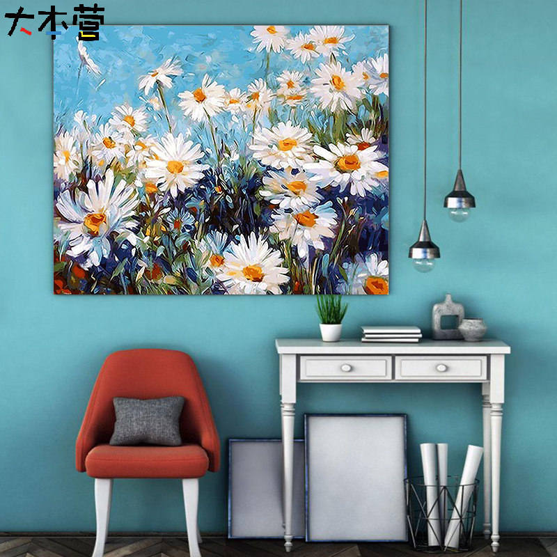 欧式田园复古插花雏菊黄百合植物花卉 diy数字油彩画打发时间手工