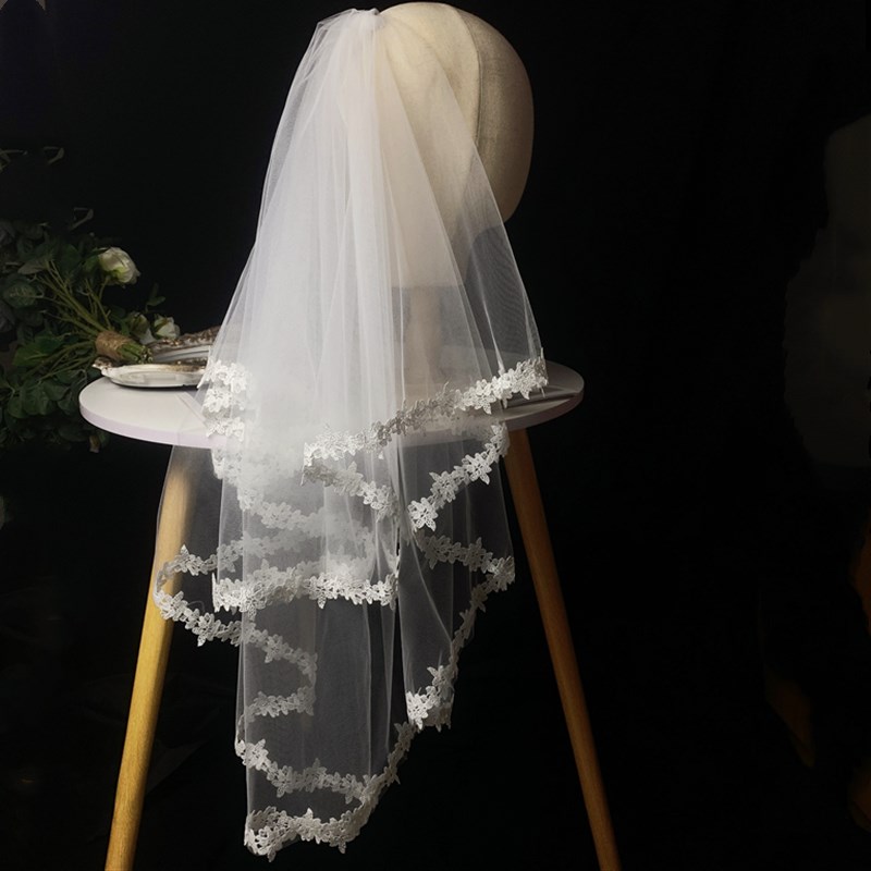 新娘结婚头纱主婚礼双层蓬蓬新款花边韩式简约齐地拖尾婚纱配饰