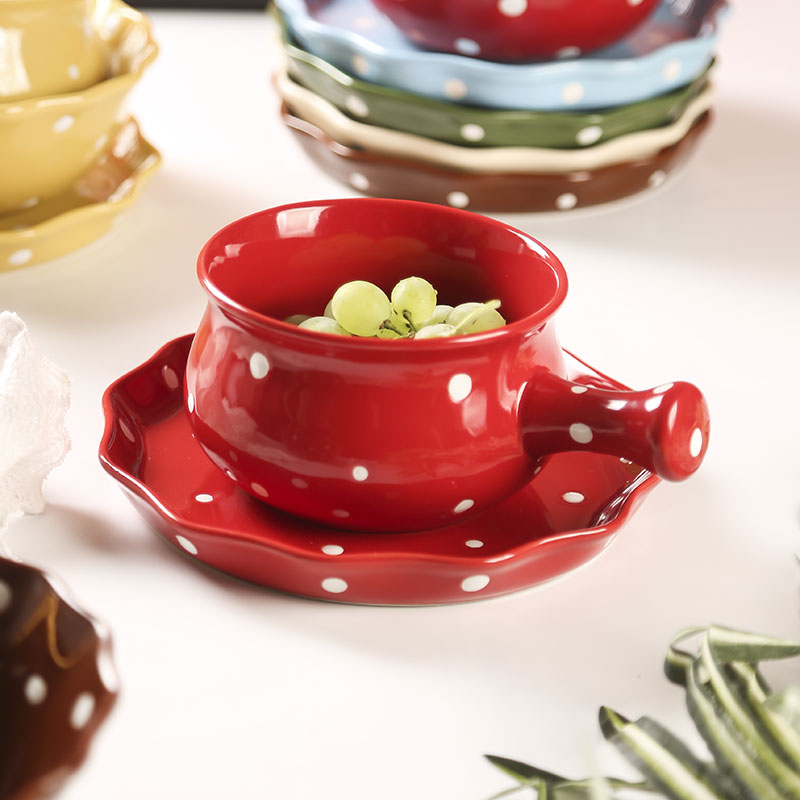 日式手柄一人食早餐碗单柄陶瓷碗波浪边波点盘面碗水果沙拉碗盘子