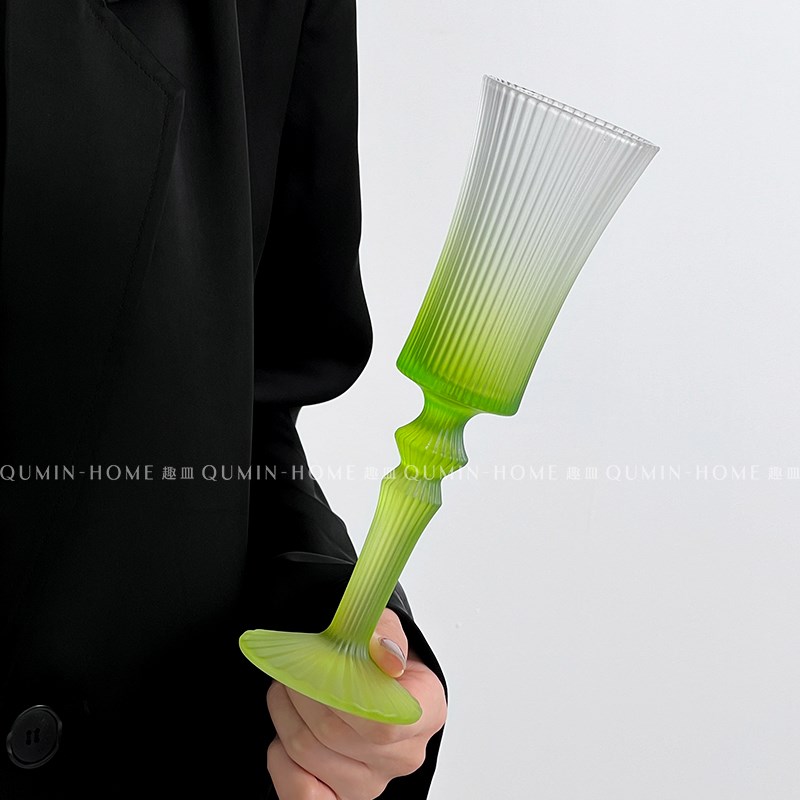 趣皿 法式渐变绿中古高级感香槟杯条纹玻璃杯红酒杯葡萄酒杯子ins