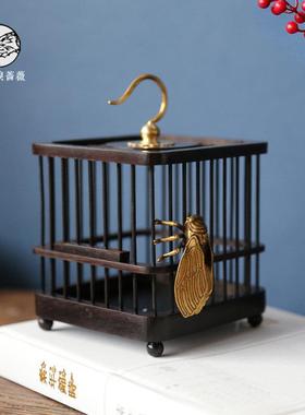 新中式禅意木质金属迷你小鸟笼子茶室茶桌复古风软装饰品托盘摆件