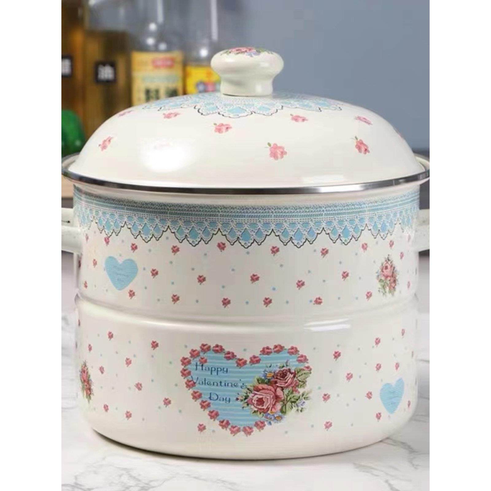 佑禾搪瓷蒸锅炖锅搪瓷汤锅蒸包子馒头电磁炉燃气通用带单双层蒸片,厨房/烹饪用具,蒸锅/蒸桶,淘宝优惠券,粉丝福利购,淘宝优惠卷