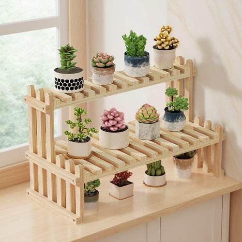 桌面置物架纯实木多肉架子办公桌阶梯式收纳木架桌上简易双层书架