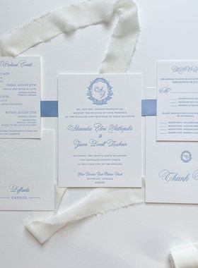 欧式婚礼请柬套装 棉纸凹版印刷蓝色花环装饰 古典英伦风商务请帖