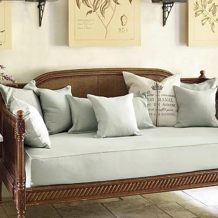 做旧客厅藤艺实木雕花三人沙发法式白色乡村复古罗马柱组合美式