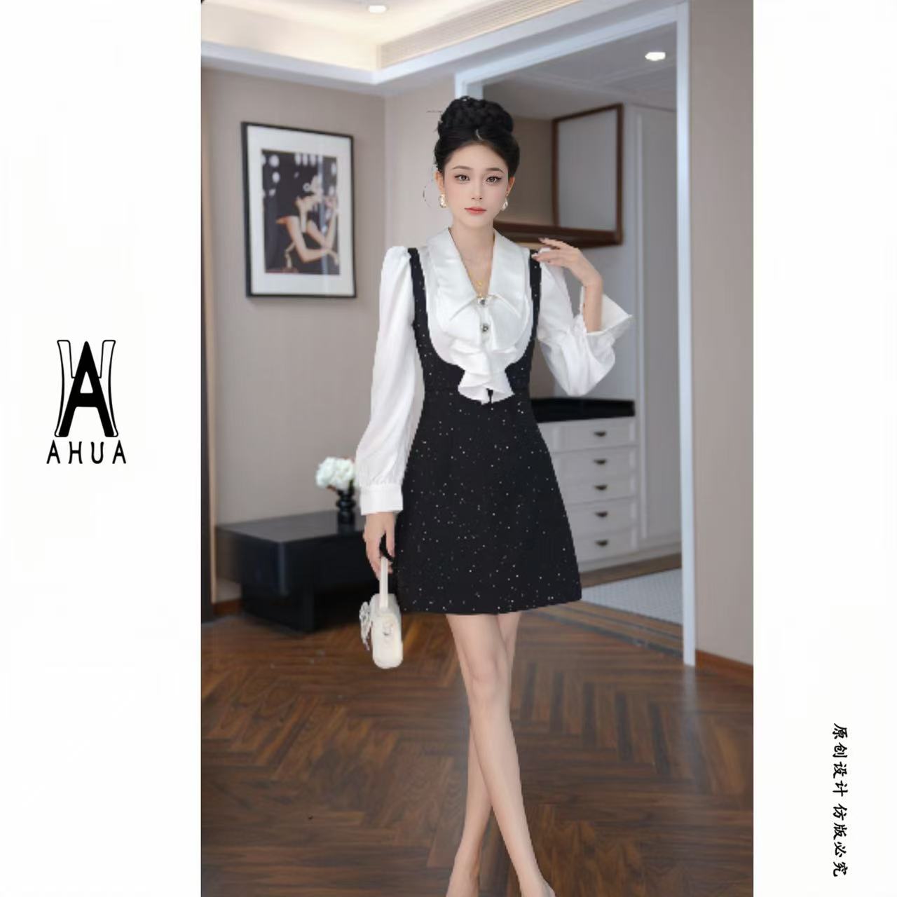 【花花原创】百褶裙摆减龄背带连衣裙短裙显瘦法式秋季21962