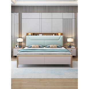 斯堪 纳维亚实木床现代极简主义主卧1.8米双人床软背袋储物床架1