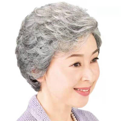 中老年假发女士奶奶花白短发老人全头套白色全真发老太太光头假发