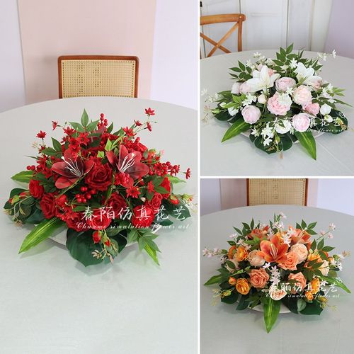 大圆桌转盘中间摆花酒店饭店餐桌花假花仿真花桌面摆件桌花装饰花