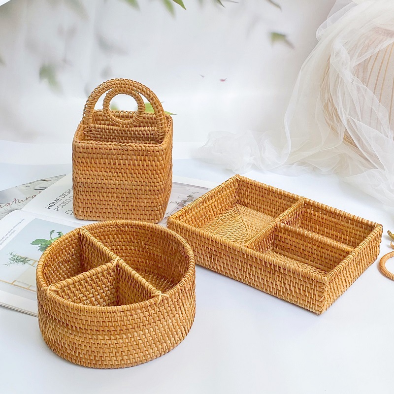 越南藤编茶点盒家用多格干果盘创意篮子客厅糖果长方形编织收纳筐