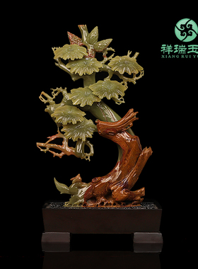 天然玉石松鹤延年摆件高档客厅现代简约酒柜办公室招财装饰工艺品