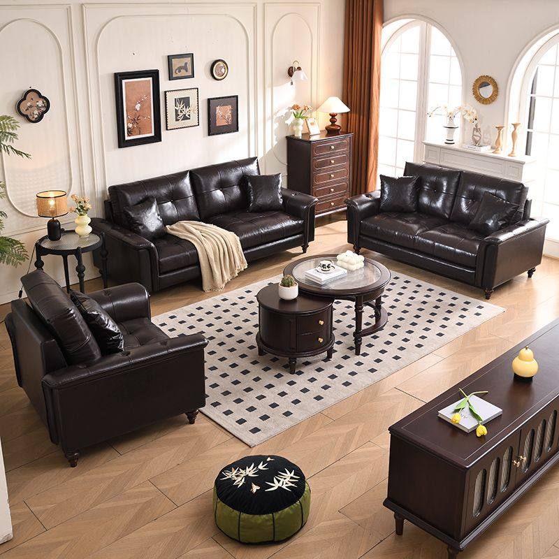 法式复古风中古风皮艺沙发客厅直排黑糖云朵美式拉扣真皮沙发组合