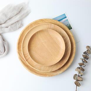 创意家用实木水果零食浅盘子商用甜品蛋糕圆形碟拍摄道具托盘 日式