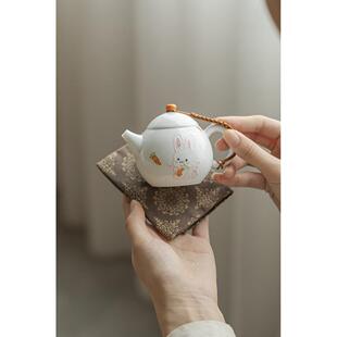 儿童茶艺卡通茶具手绘可爱兔子小茶壶小兔子玉泥白瓷球孔过滤陶瓷