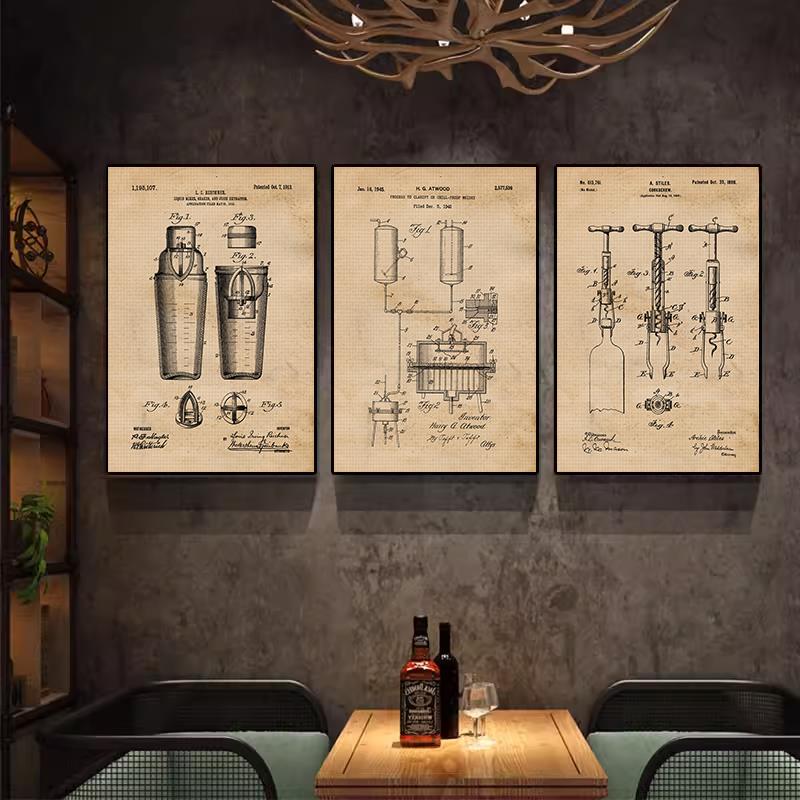 威士忌蒸馏制作工艺装饰画鸡尾酒设计图纸装饰画酒吧工业风挂画