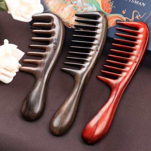 檀木木梳黑檀木大齿天然卷发梳大宽齿梳女顺发家用按摩头发造型梳